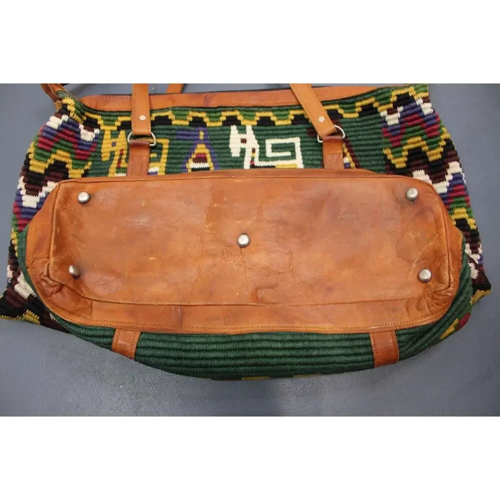 Vintage Handmade Woven Tote Bag Leather Trim Boho Guatemala Alpaca Wool Travel - Picture 10 of 14
